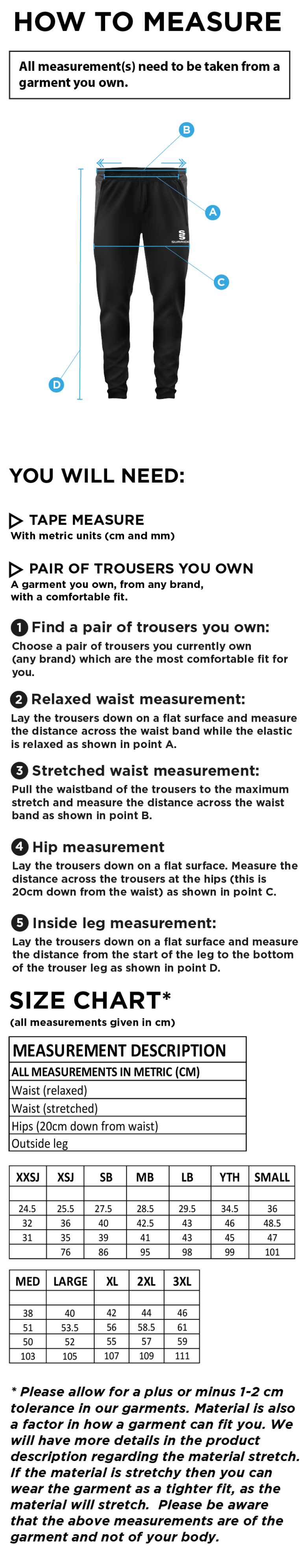 Willow Wanderers - Tek Slim Training Pants - Unisex Fit - Size Guide