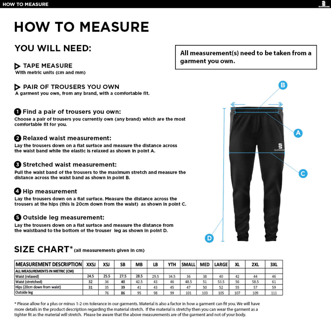 Willow Wanderers - Tek Slim Training Pants - Unisex Fit - Size Guide