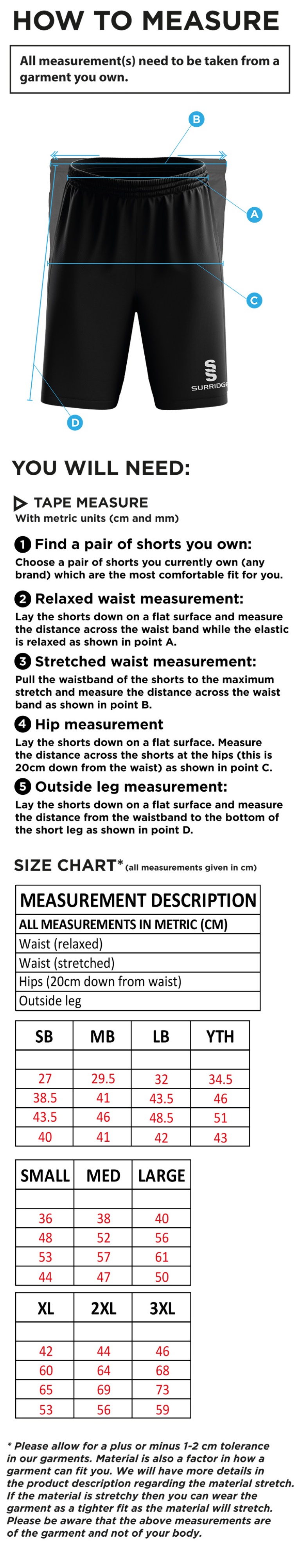 Willow Wanderers - Blade Shorts - Unisex Fit - Size Guide