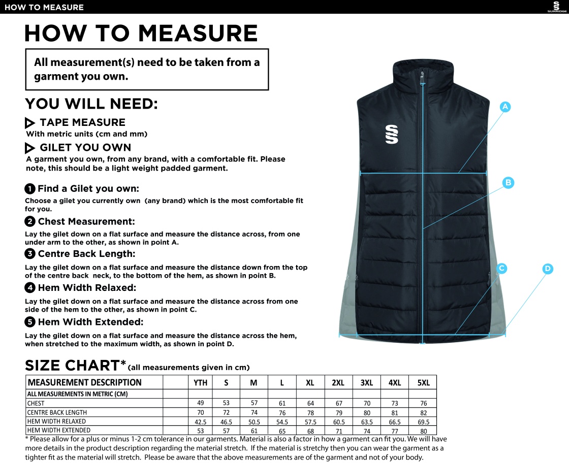 Willow Wanderers - ACTIVE GILET - BLACK - Size Guide